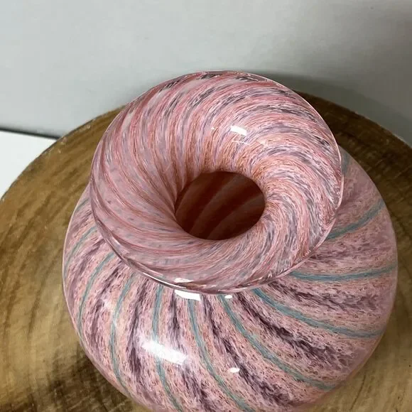 Vintage 1987 Union Street Studio Art Glass Vase Pink Blue Swirl 7” Signed